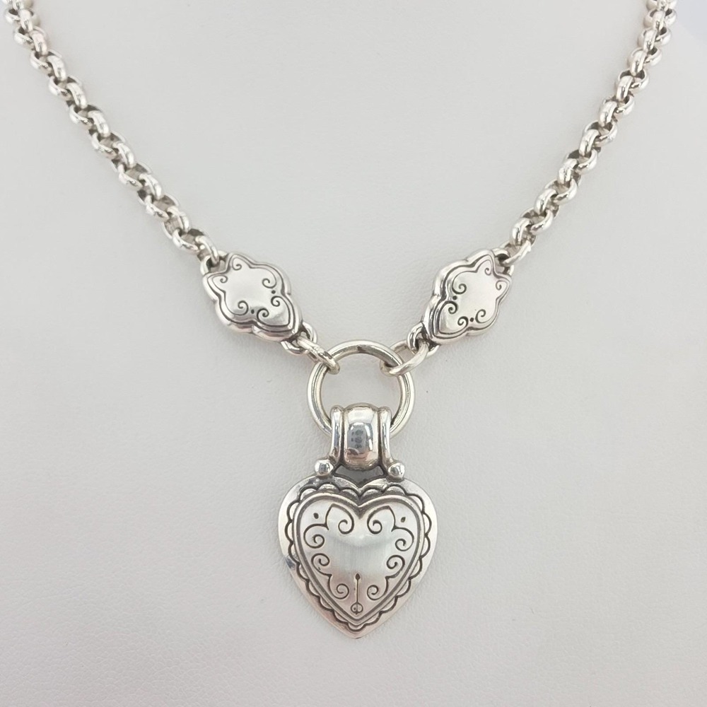 BRIGHTON 'Blaire' Necklace Puffy Heart Reversible Scrollwork Silver Plate 20"